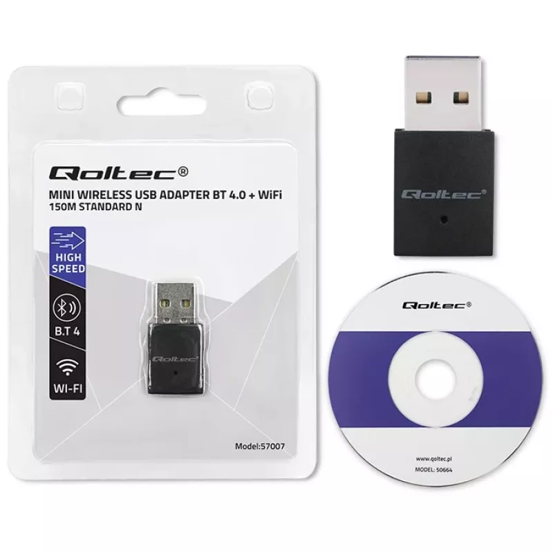 Bezprzewodowy mini adapter USB Wi-Fi QOLTEC 57007 — jednopasmowy 2.4 GHz, do 150 Mbps, antena wewnętrzna