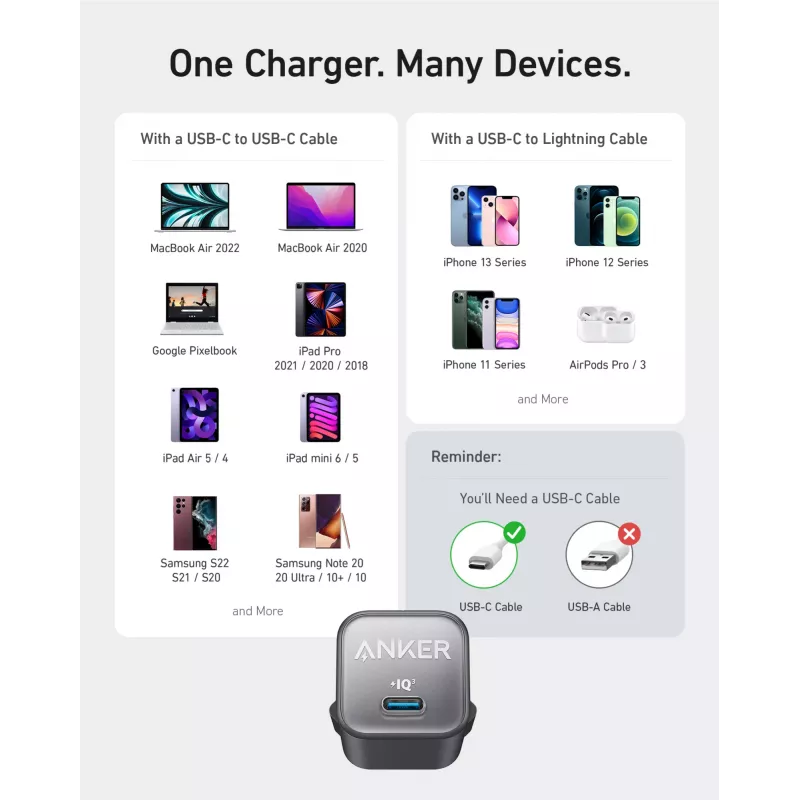 Ładowarka sieciowa Anker 511 Nano 3 — 30 W, 1× USB-C, 100–240 V, czarna