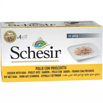 Mokra karma dla psów Agras Pet Foods Schesir Kurczak z Szynką w Galarecie, 4 x 85 g, 83% wilgotności, 12% białka