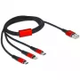 Kabel ładujący USB DeLOCK 3 w 1 Typ-A do Lightning / 2 x USB Typ-C 1 m czarny/czerwony