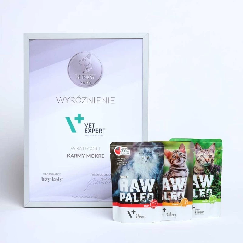Mokra karma dla kota VETEXPERT Raw Paleo Adult Cat Turkey 100 g — bezzbożowa, 10,3% białka, 5,3% tłuszczu, 79% wilgotności