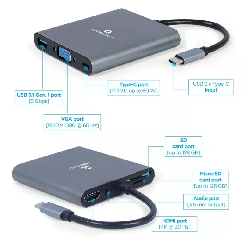 Gembird a-CM-COMBO6-01 Stacja dokująca / replikator portów USB 3.2 Gen 1 (3.1 cala)
