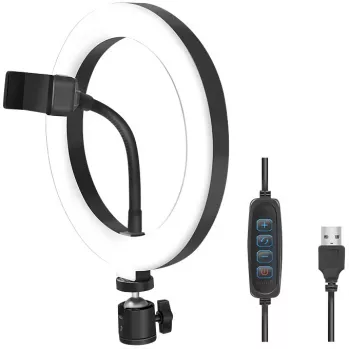 LogiLink AA0151 lampa pierścieniowa LED do smartfonów, Ø 200 mm, 3 tryby barwy światła, regulacja jasności, gwint statywowy 1/4 cala, z uchwytem na telefon, USB, kabel 1,8 m, czarna
