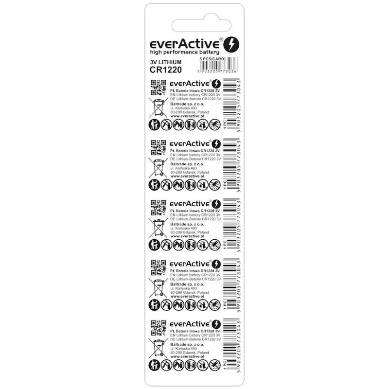 Bateria litowa pastylkowa everActive CR1220 — 3V, 40 mAh, 12,5×2 mm, jednorazowa, 5 szt.