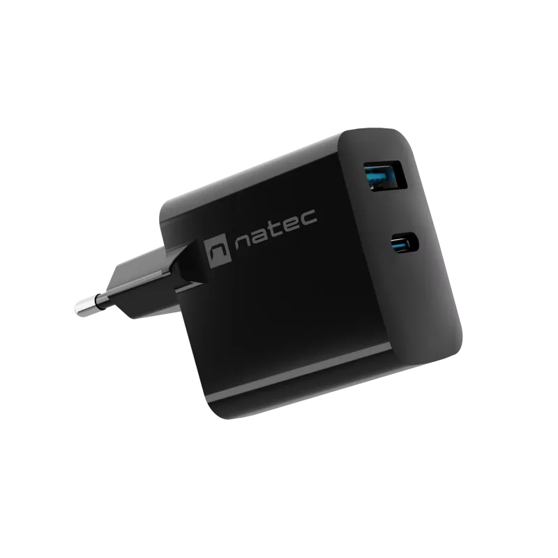 Przewodowa ładowarka do urządzeń mobilnych NATEC NUC-2145, 65 W, USB-C PD 3.0 + QC 3.0, 1x USB-C, 1x USB-A, 110–240 V, czarna