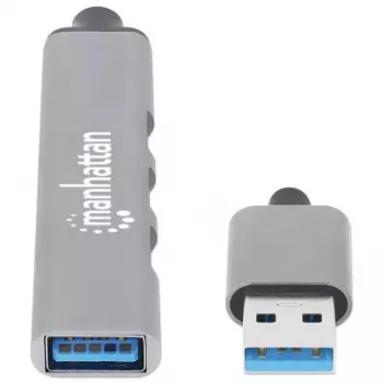 Manhattan USB-A 4-Portowy Hub, 4x porty USB-A (1x USB 3.2 Gen1 5 Gbps aka USB 3.0, 3x USB 2.0 480 Mbps), zasilany z portu USB (nie wymaga zewnętrznego zasilacza), Aluminium