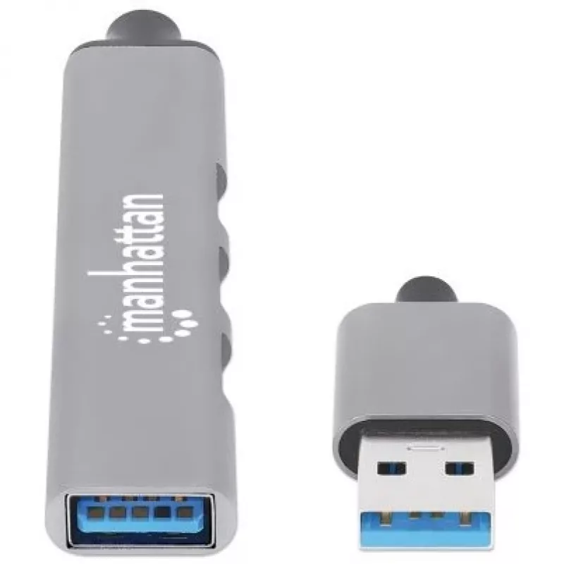 Manhattan USB-A 4-Portowy Hub, 4x porty USB-A (1x USB 3.2 Gen1 5 Gbps aka USB 3.0, 3x USB 2.0 480 Mbps), zasilany z portu USB (nie wymaga zewnętrznego zasilacza), Aluminium