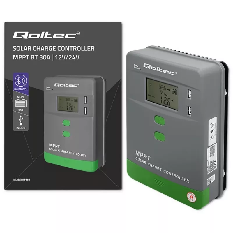MPPT Solar Charge Controller QOLTEC 53662 z czujnikiem temperatury