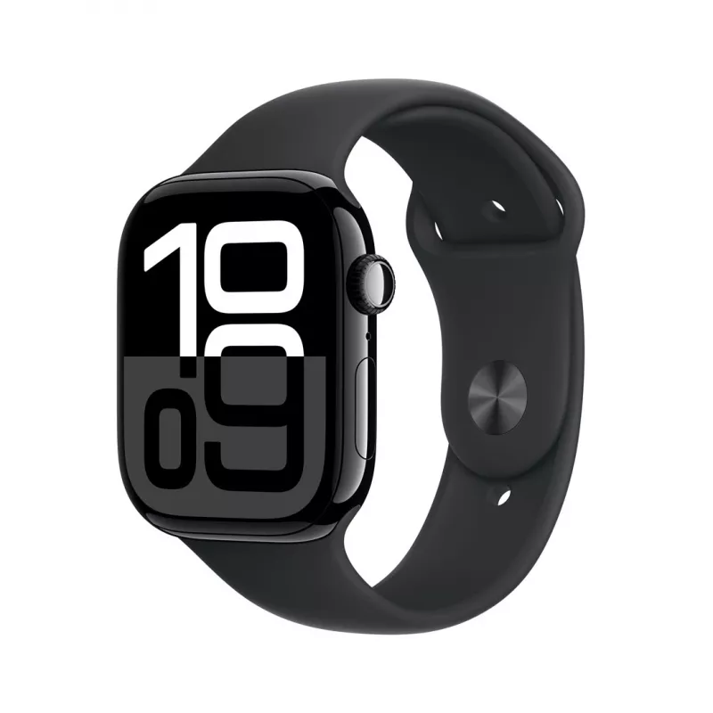 Apple Watch Series 10 GPS 46 mm, koperta w kolorze głębokiej czerni ze stopu aluminium z czarnym paskiem sportowym – M/L