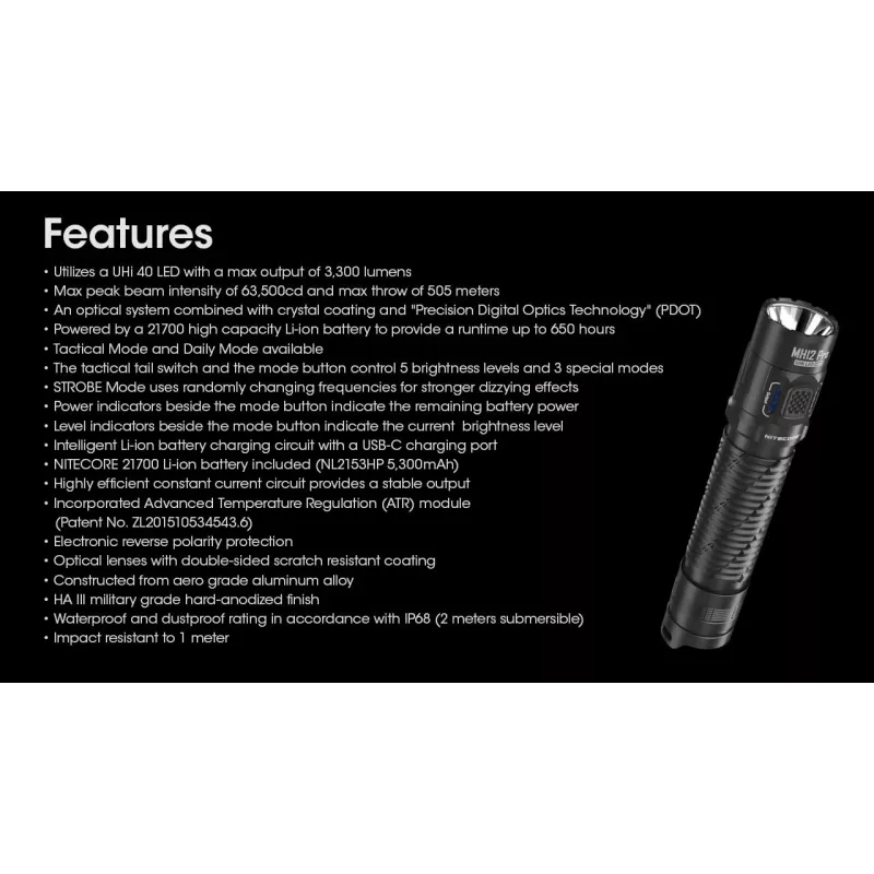 Latarka ręczna Nitecore MH12 Pro Czarna LED 3300 lm USB-ładowalna 5300 mAh, aluminium, 138,5 mm, 81,5 g, wodoodporna 2 m