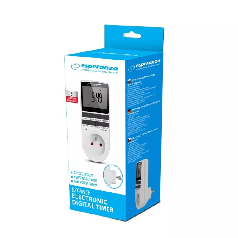 Cyfrowy timer odliczający ESPERANZA ELA101 — 99-minutowy timer, wyświetlacz LCD, 230 V AC, 16 A