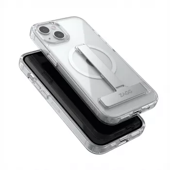 Etui ochronne GUAN do Apple iPhone 16 Plus — tył ze szkła hartowanego 10H ze zintegrowaną podstawką, transparentne srebrne