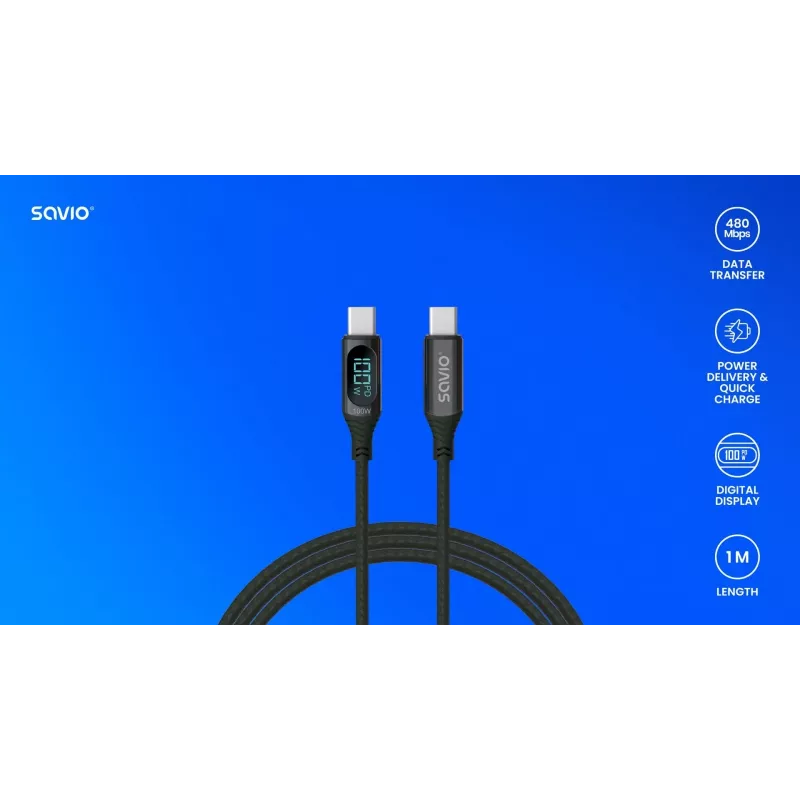 Kabel Savio USB-C - USB-C CL-174 1m czarny USB 3.2 Gen 1