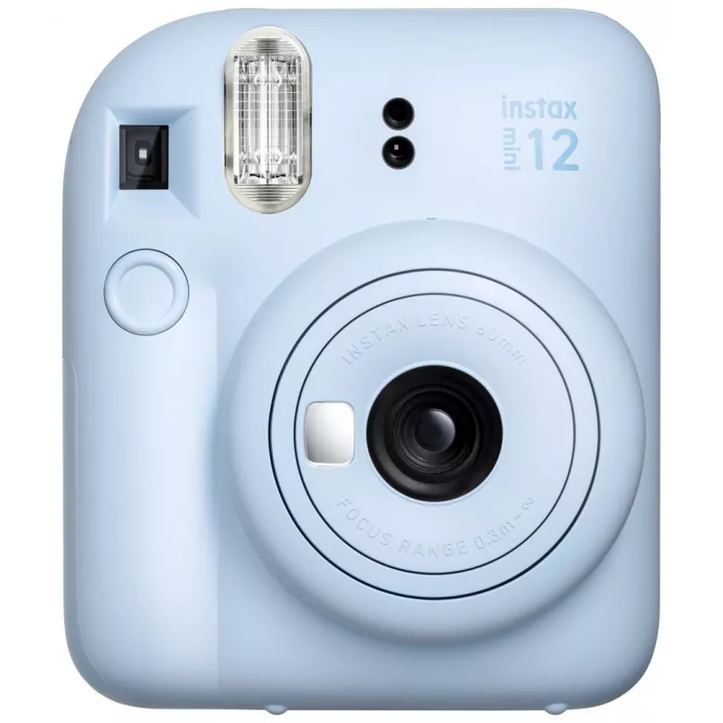 Aparat natychmiastowy Fujifilm Instax Mini 12 niebieski — wydruki 86 x 54 mm, ogniskowa 60 mm, migawka elektroniczna