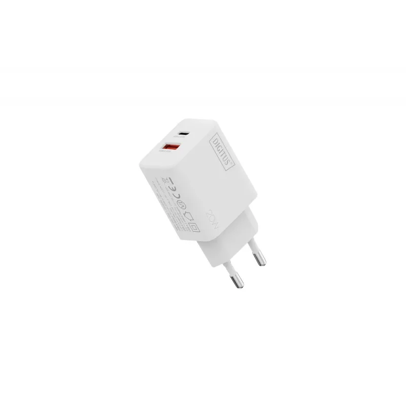 Ładowarka sieciowa USB DIGITUS 20W, 1x USB-C, 1x USB-A, wejście 100–240V, biała