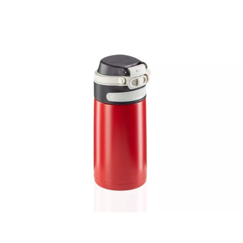 Kubek podróżny Leifheit 03245 stal nierdzewna 350 ml, dwuścienny, szczelny, pokrywa z odchylanym ustnikiem, czarno-czerwony