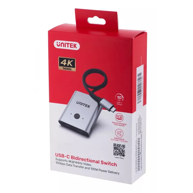 Stacja dokująca Unitek D1078A — hub USB-C, 2x wejście USB-C, 1x wyjście USB-C, 100 W PD, obsługa 4K, maks. 3480×2160, szary