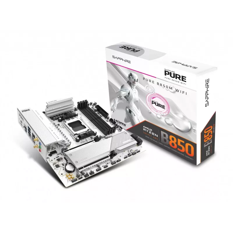 Płyta główna Sapphire PURE B850M WIFI Micro ATX — AMD B850, Socket AM5, DDR5 do 8000 MHz, 4 DIMM, Wi‑Fi 6, LAN 2,5 Gb, 2× M.2, PCIe 5.0 x16