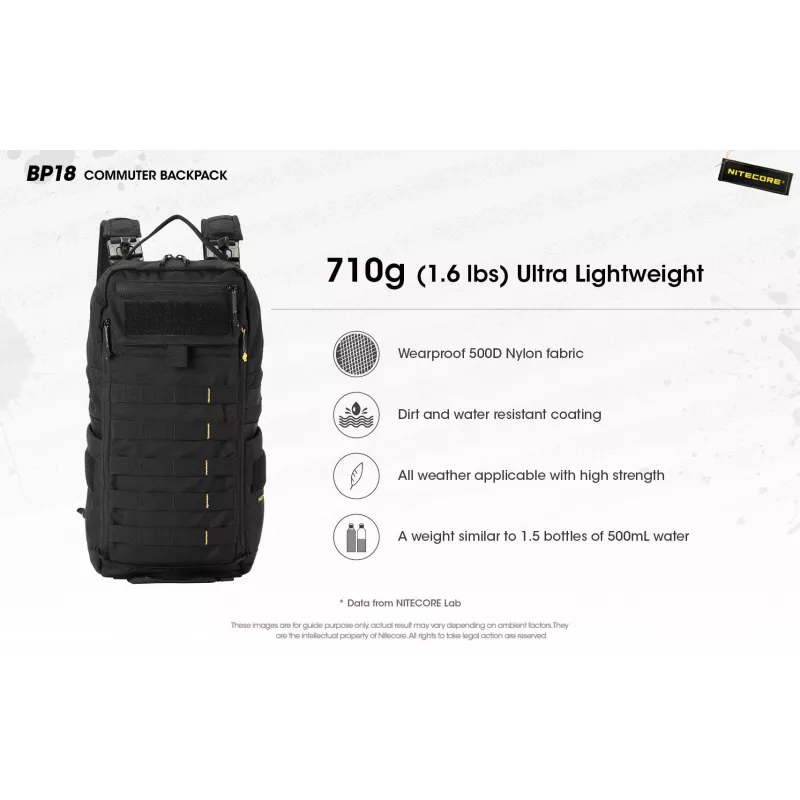 Plecak podróżny Nitecore BP18 — czarny nylon/poliester, 240×160×470 mm