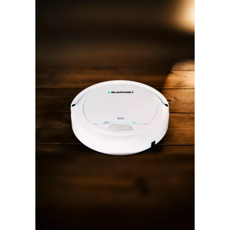 Robot odkurzający BLAUPUNKT RVC201 — okrągły, biały, bezworkowy pojemnik na kurz 0,5 l, czas pracy 55 min