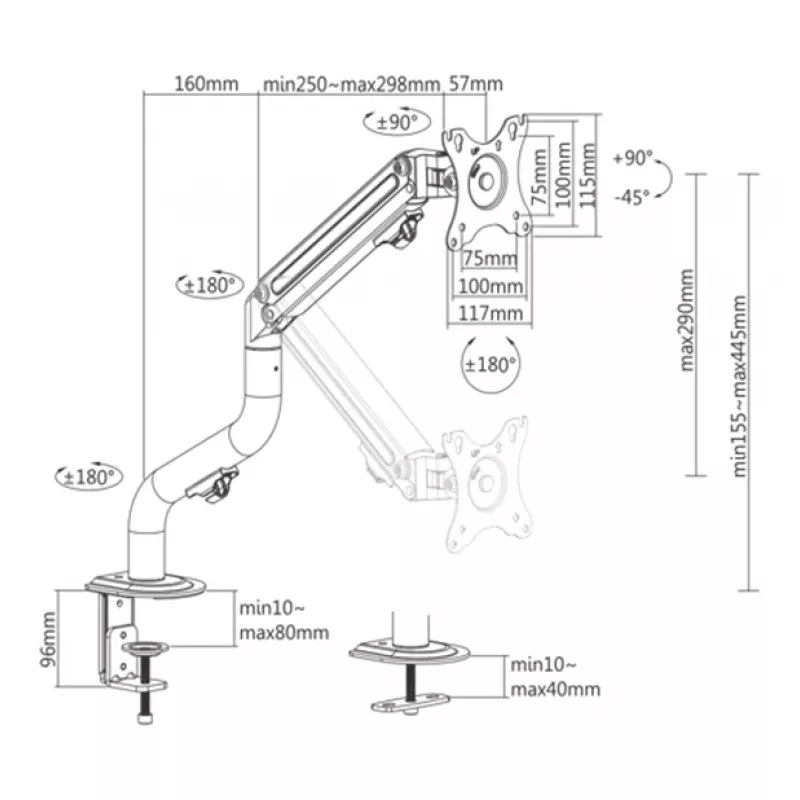 Gembird MA-DA1-02 Regulowane ramię montażowe do monitora (z możliwością pochylania), 17”-32”, do 8 kg