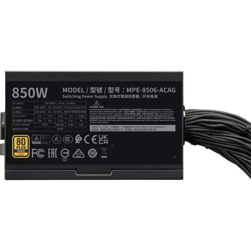Zasilacz Cooler Master MWE Gold 850 V3 850W 80+Gold Nie-Modularny ATX 3.1 Wentylator 120mm Gwarancja 5 lat