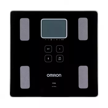 Elektroniczna waga osobista Omron VIVA — kwadratowa, czarna, maks. 150 kg, dokładność 100 g, tkanka tłuszczowa/BMI/BMR, pamięć dla 30 użytkowników