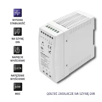 Qoltec Din Rail zasilacz | 40W | 24V | 1.67A | Biały | cienki