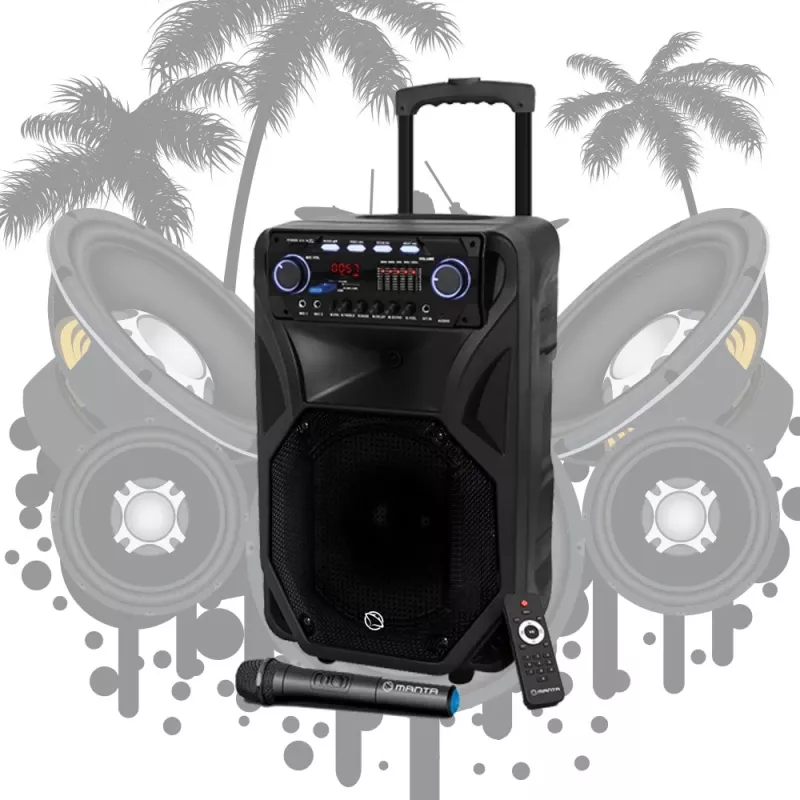 Przenośny głośnik karaoke MANTA SPK5021PRO 20W, woofer 12 cali, 80W RMS, Bluetooth, bateria do 5h, SD/USB, wejścia mikrofonowe i gitarowe