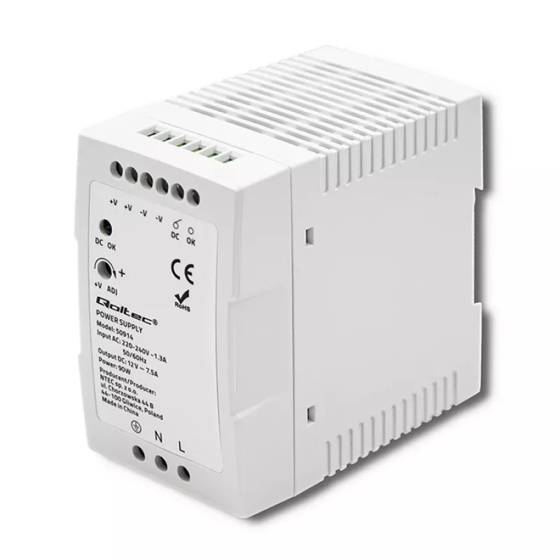 Zasilacz na szynę DIN Qoltec 50914 | 90 W | 12 V | 7,5 A | Biały | cienki
