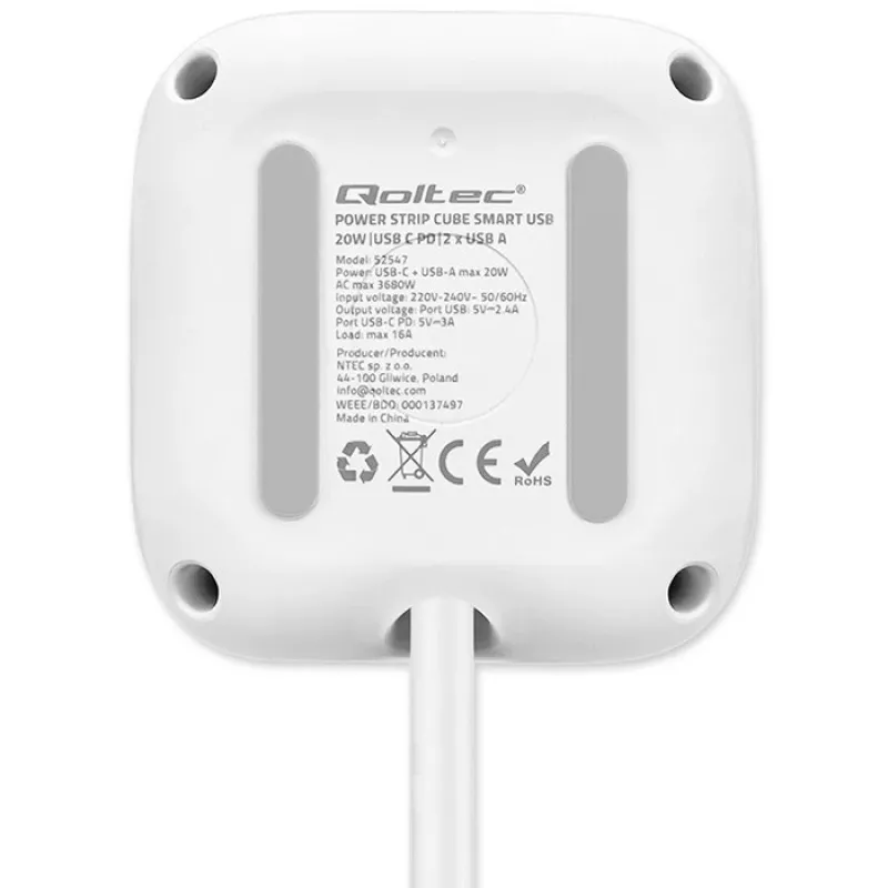 Listwa zasilająca Power Cube QOLTEC 52547 3× gniazda AC, 2×USB-A, 1×USB-C PD 20W