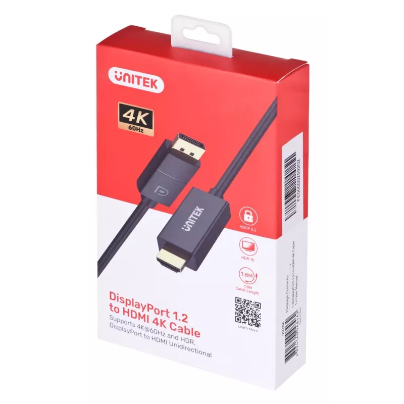 UNITEK KABEL DisplayPort 1.2, HDMI, 4K@60Hz, 1,8 m, V1608A