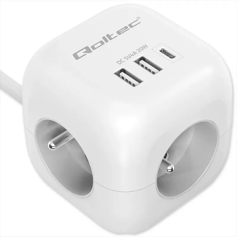 Listwa zasilająca Power Cube QOLTEC 52547 3× gniazda AC, 2×USB-A, 1×USB-C PD 20W