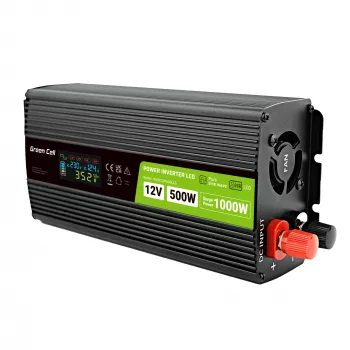 Przetwornica napięcia Green Cell PowerInverter LCD 12 V 500W/1000W do samochodu z wyświetlaczem - adapter/przetwornica czystej fali sinusoidalnej Auto Czarny