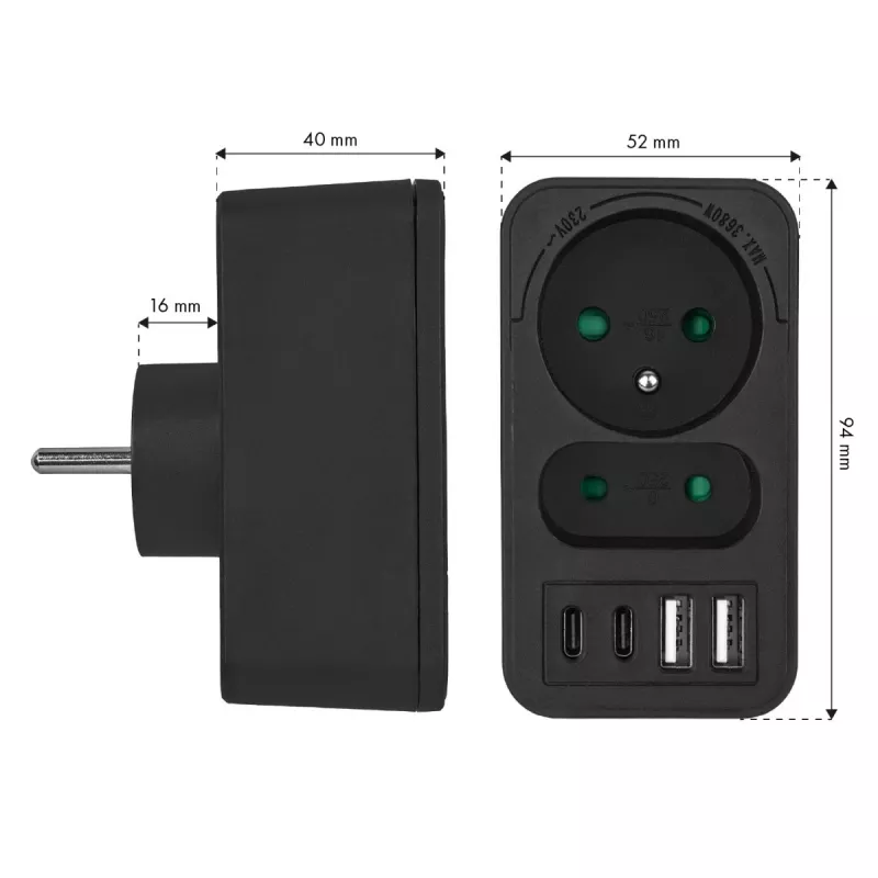 Rozgałęźnik zasilania MACLEAN MCE249 F/B — 2 gniazda AC (16A + 6A) z 2×USB-A i 2×USB-C PD 20W, wtyk EU, czarny