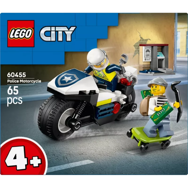 Zestaw LEGO City Pościg na motocyklu policyjnym 60455 — 65 elementów, 2 minifigurki, wiek 4+