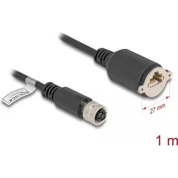 Kabel sieciowy DeLOCK M12 D-kodowany 4-stykowy żeński do gniazda RJ45 Cat5e 1m Czarny