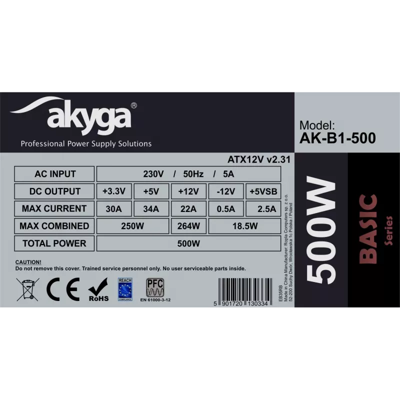 Zasilacz Akyga AK-B1-500, 500 W, ATX 2.31, 20+4 pin, wentylator 120 mm, niemodularny