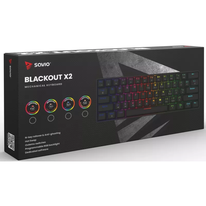 Mechaniczna klawiatura gamingowa SAVIO CzarnyOUT X2 BROWN 61-klawiszowa 60% USB QWERTY RGB Outemu Brown