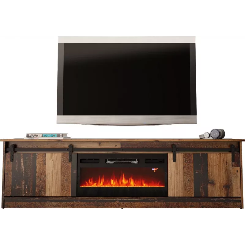 Szafka RTV Cama Meble GRANERO z miejscem na kominek, 2000×567×350 mm, płyta wiórowa/MDF, 2 drzwi przesuwne, matowy stare drewno