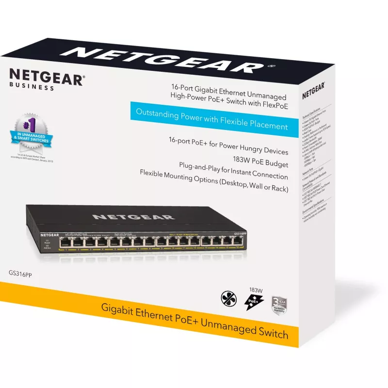NETGEAR GS316PP Niezarządzalny Gigabit Ethernet (10/100/1000) Power over Ethernet (PoE) Czarny