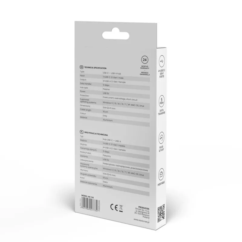 Hub USB SAVIO AK-54 — 4 x USB-A (USB 3.2 Gen 1), host USB-C, czarny