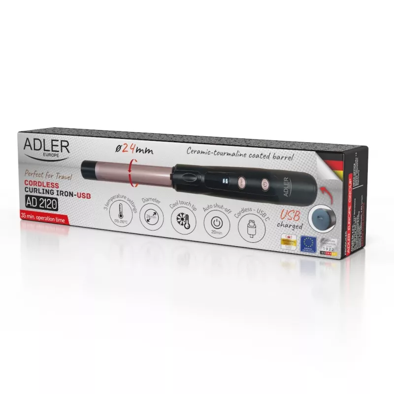 Bezprzewodowa lokówka Adler AD 2120 — lufa ceramiczno-turmalinowa 2,4 cm, wyświetlacz LED, do 170–210 °C, akumulator 2×2600 mAh
