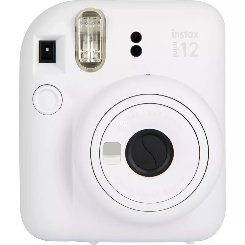 Aparat natychmiastowy Fujifilm Instax Mini 12 biały — odbitki 86×54 mm, ogniskowa 60 mm, bateria AA