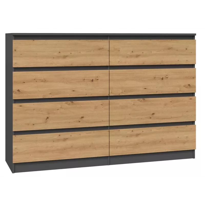 Komoda Top e shop M8 140 ANT/ART — 8 szuflad, Antracyt/Dąb, 1380×400×970 mm, Płyta wiórowa