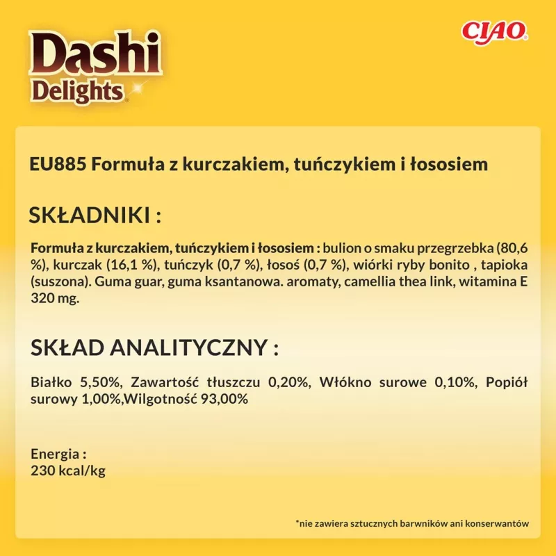 Mokra karma dla kota INABA Dashi Delights Silky Broth — kurczak z tuńczykiem i łososiem, saszetka 40 g, wilgotność 93%, dietetyczne wsparcie trawienia