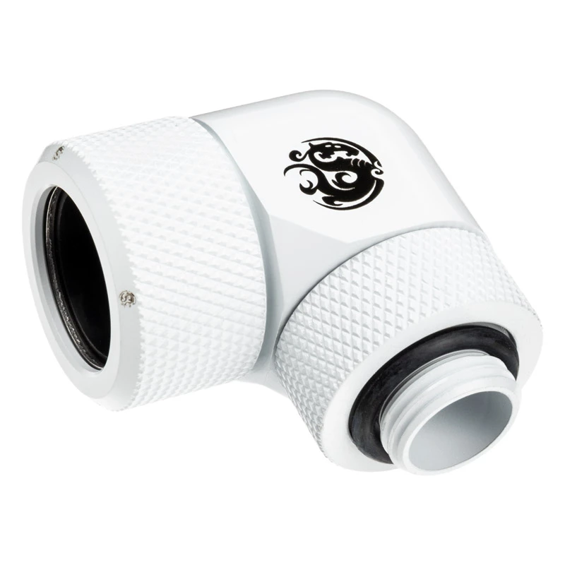 Złączka BitsPower BP-DWE90RMLA16 — mosiężna złączka kątowa 90° do chłodzenia komputerowego, średnica 1,6 cm, biała
