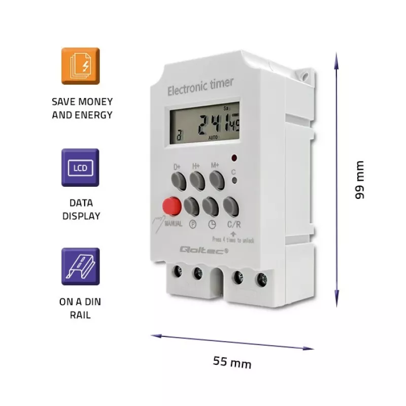 Elektroniczny przekaźnik czasowy na szynę DIN QOLTEC PC0629 — zasilanie 24V, wyjście 16A