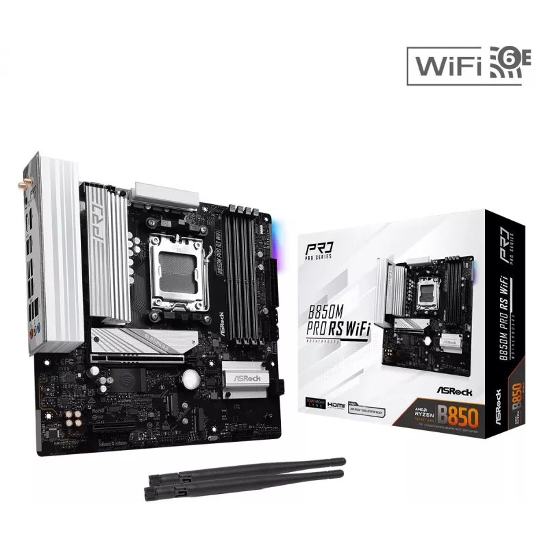 Płyta główna ASRock B850M Pro RS WiFi — AMD B850, Socket AM5, microATX, DDR5, 4 DIMM, 256GB, Wi‑Fi 6E, 2.5Gb LAN, 3x M.2