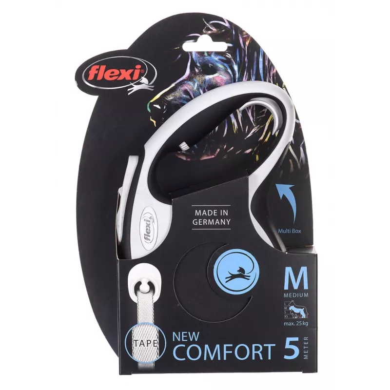 Smycz automatyczna Flexi New Comfort M Tape 5 m Czarna — smycz taśmowa automatyczna, rozmiar M, maks. obciążenie 25 kg, waga 300 g